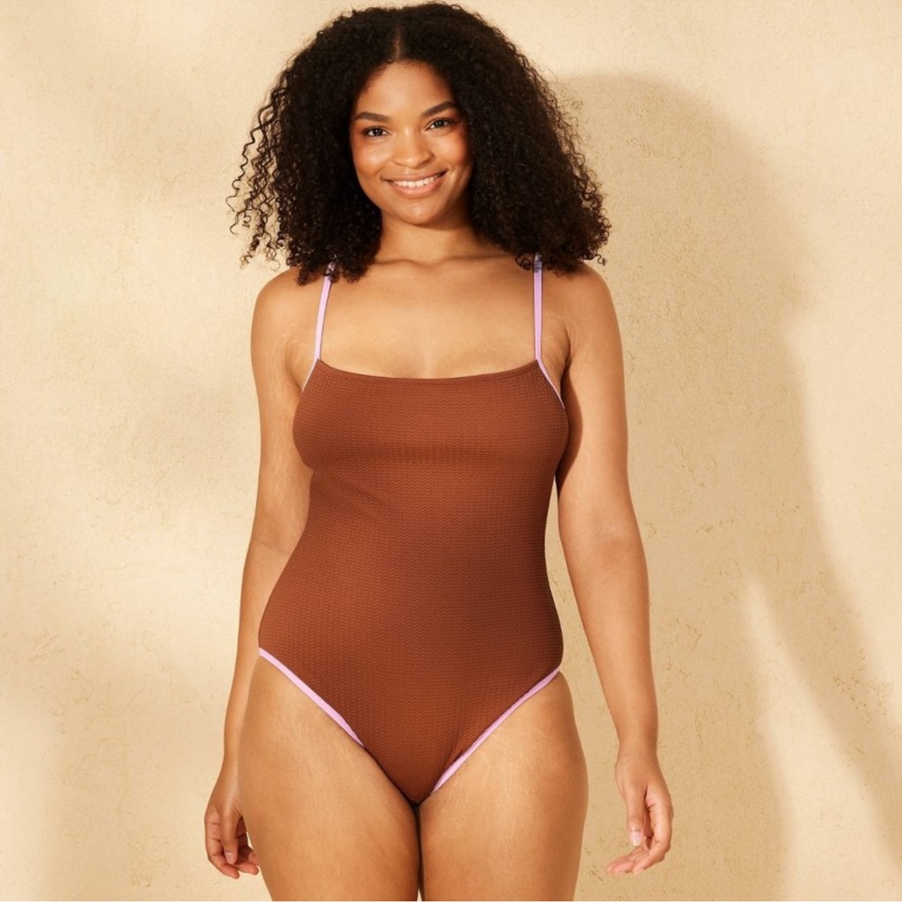 Wild Fable Brown One-Piece Swimsuit with Pink Accents